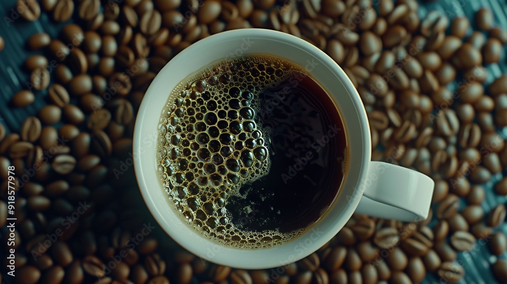 A cup of coffee resting atop a mound of coffee beans on a blue-and-white table A cup of coffee resting atop a mound of coffee beans on a blue-and-white table