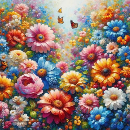 colorful beautiful flowers painted with oil paints. bright summer background