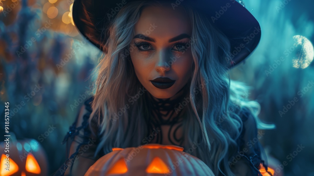 Enigmatic silver-haired woman dressed as a witch, with dark makeup and a black hat, holding a glowing jack-o'-lantern in a mystical, blue-toned outdoor setting Enigmatic silver-haired woman dressed as a witch, with dark makeup and a black hat, holding a glowing jack-o'-lantern in a mystical, blue-toned outdoor setting