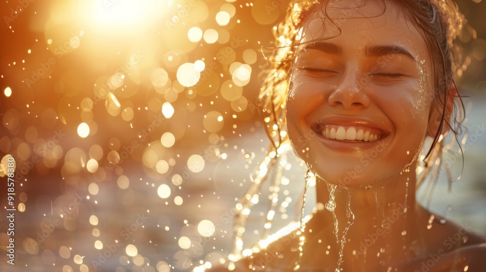 A joyful young woman with wet hair and glowing skin smiles with eyes closed as water droplets sparkle around her in the warm, golden sunlight. Moment of pure happiness and natural beauty