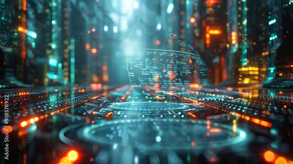 Obraz premium Futuristic digital interface in a cyberpunk city - generative ai