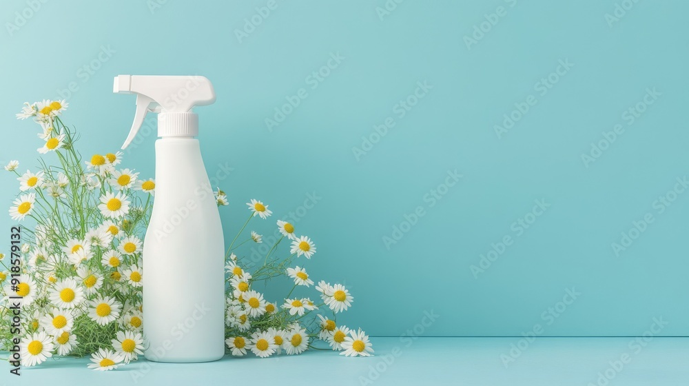A spray can with yellow detergent on a delicate blue background. Window cleaner with chamomile, lemon and aloe. Shampoo or hand soap made from natural ingredients. Sulfate-free vegan cosmetics. A spray can with yellow detergent on a delicate blue background. Window cleaner with chamomile, lemon and aloe. Shampoo or hand soap made from natural ingredients. Sulfate-free vegan cosmetics.