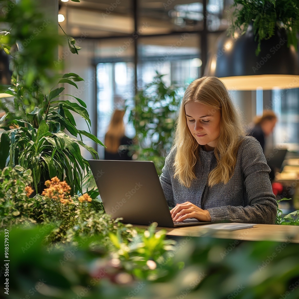 An attentive young girl is working on a laptop in an urban landscaped coworking. The concept of entrepreneurship and remote work in a comfortable environment. Design for startups, digital nomads life An attentive young girl is working on a laptop in an urban landscaped coworking. The concept of entrepreneurship and remote work in a comfortable environment. Design for startups, digital nomads life