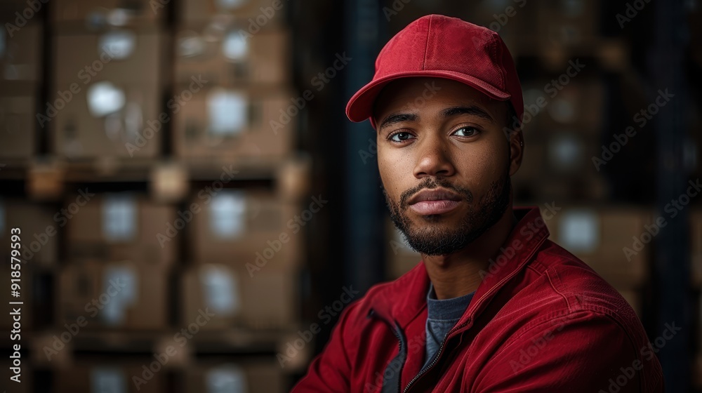 A man in a red cap and jacket poses confidently in a warehouse filled with cardboard boxes during daytime A man in a red cap and jacket poses confidently in a warehouse filled with cardboard boxes during daytime