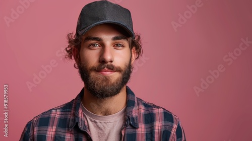 Young man with a beard and baseball cap poses against a pink backdrop in a casual outfit