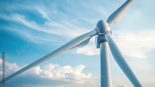 Close-up of wind turbine blades against a blue sky