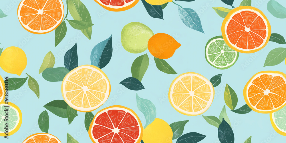 Brightly colored oranges, lemons, and limes on a light blue background