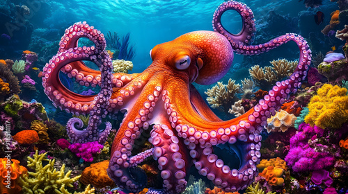 Fototapeta Naklejka Na Ścianę i Meble -  Vibrant octopus in a colorful coral reef underwater scene with diverse marine life