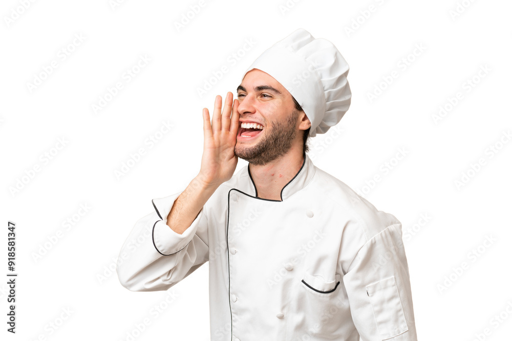 Young handsome chef man over isolated background shouting with mouth wide open to the lateral Young handsome chef man over isolated background shouting with mouth wide open to the lateral
