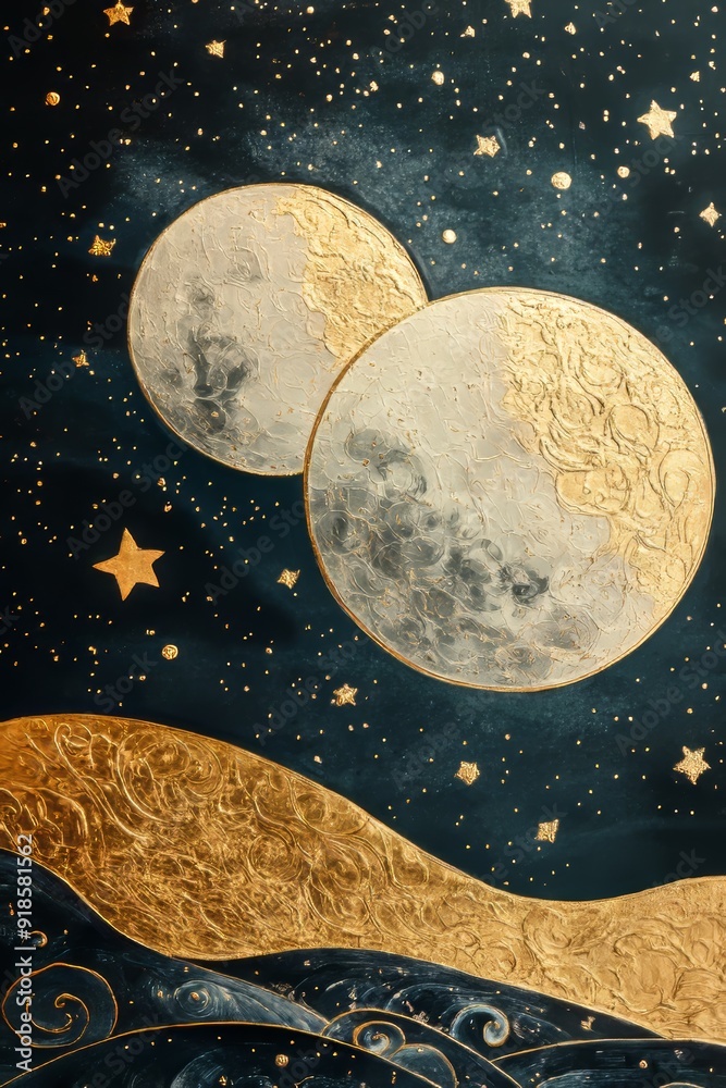 Fototapeta premium Golden moons and stars on a black or dark blue textured background. A postcard or wallpaper.