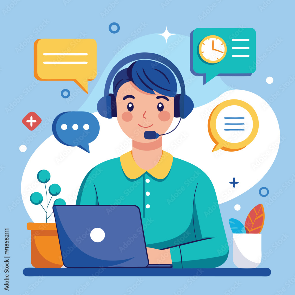 Woman operator in headphones with laptop
Woman operator in headphones with laptop