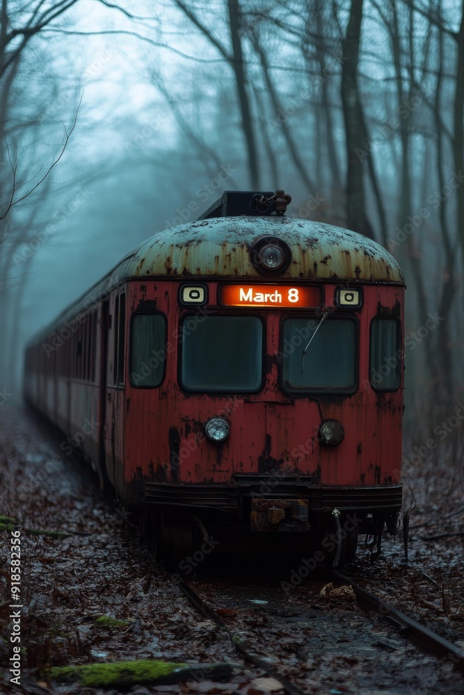 Obraz premium Postcard. An old red tram in the autumn forest with the inscription March 8th. The bus is following the International Women's Day route. An unusual background about the holiday.