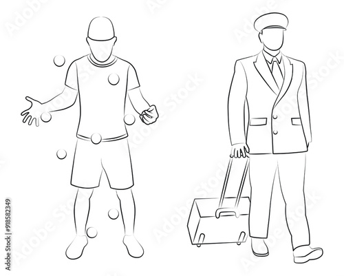 Aviation pilot, juggler, silhouette sketch. Profession, work, hobby