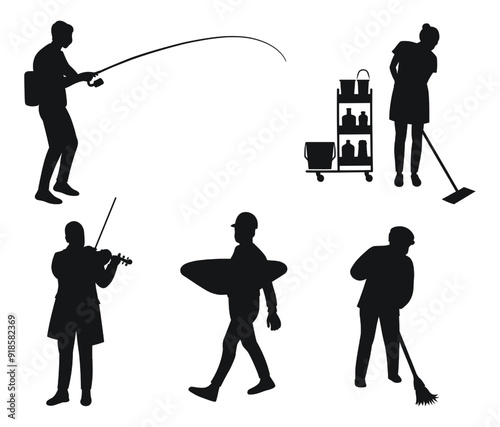 Cleaning lady, janitor, fisherman, loader, musician, violinist, silhouettes of people, professions, hobbies