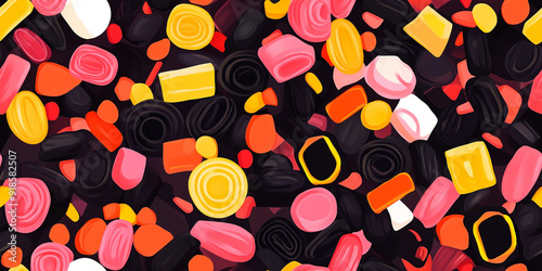 Varied licorice pieces, some traditional black, others brightly colored, each with a unique shape, seamless pattern photo