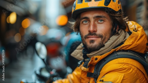 Young man in a yellow jacket and helmet sitting on a motorcycle in a bustling urban street during the day