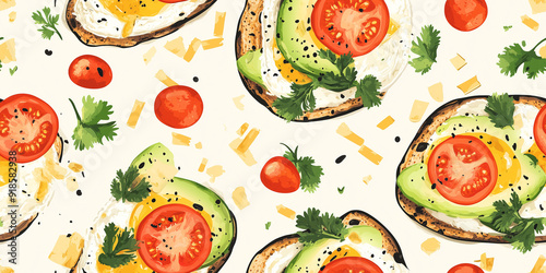 Breakfast burritos, avocado toast, and omelettes with tomatoes, cilantro, and cheese shreds, seamless pattern