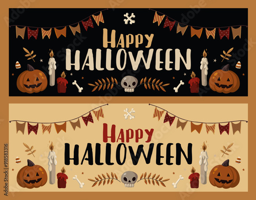Happy halloween banners with cute pumpkins, sculls, bats, sweets