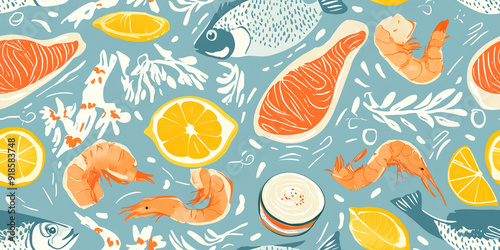 Mayonnaise, tartar sauce, lemon wedges, fish fillets, shrimp, coleslaw, seamless pattern