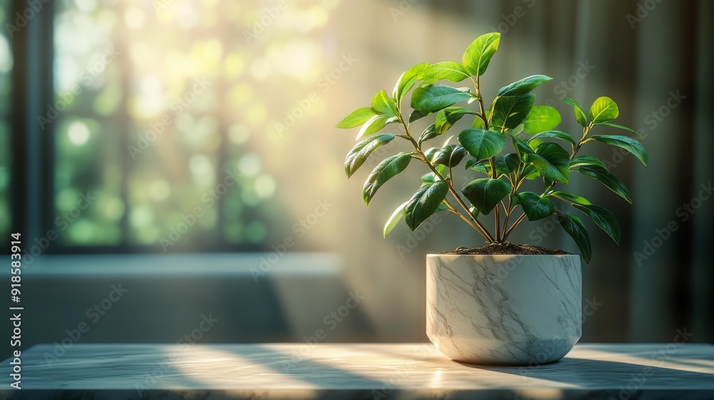 Sunlit potted plant on marble table - generative ai Sunlit potted plant on marble table - generative ai