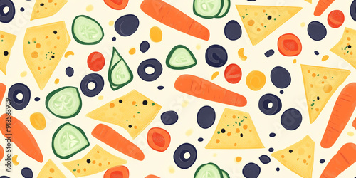 Pita chips, olives, cheese dips, carrot sticks, cucumber rounds, pepper strips, seamless pattern