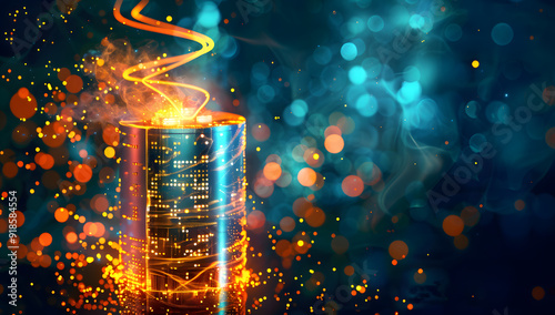 Abstract futuristic energy concept with a glowing battery and digital particles, representing advanced technology and innovation.