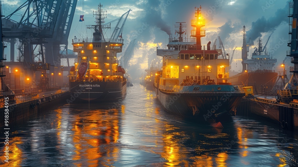 Cargo ships in the port at sunset. Cargo ships in the port at sunset.