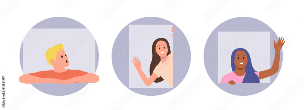 Young curious people cartoon character peeking from hole feeling different emotion composition set Young curious people cartoon character peeking from hole feeling different emotion composition set