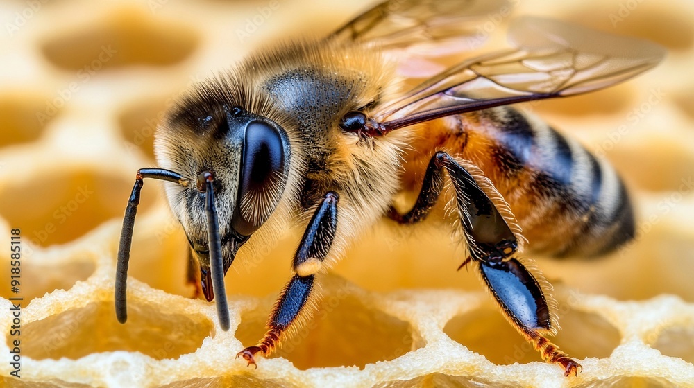 Nature's Architect: Bee on Honeycomb
