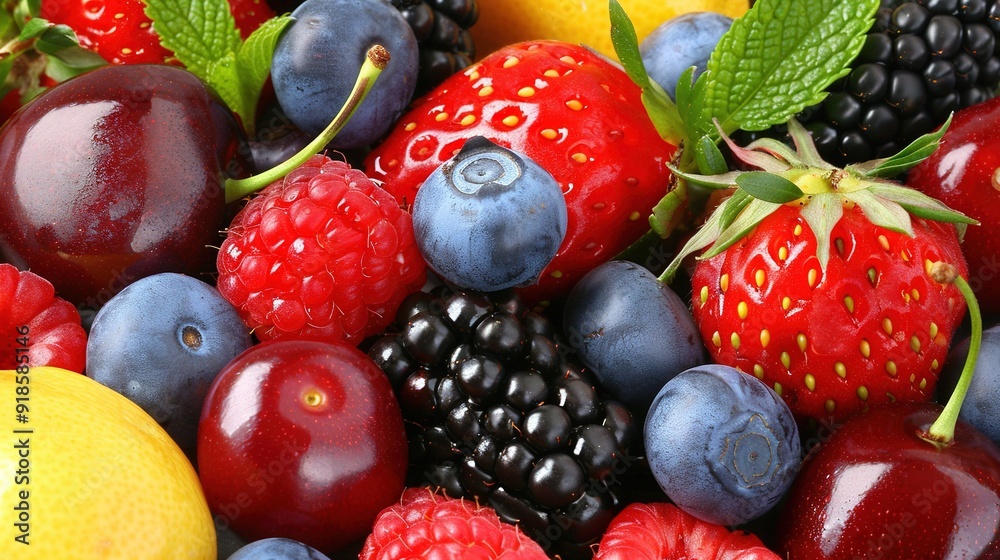 A variety of fresh fruits including berries, lemons, raspberries, blueberries, blackberries, and oranges A variety of fresh fruits including berries, lemons, raspberries, blueberries, blackberries, and oranges