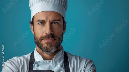 Portrait of a professional chef wearing a white hat and uniform with crossed arms against a blue background