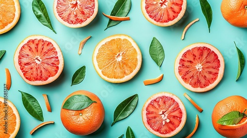  A cluster of grapefruits sliced in two on a azure background adorned with foliage