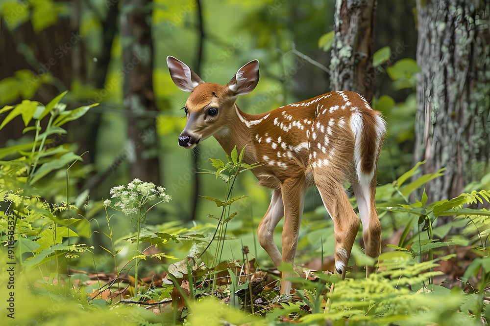 White-tailed Deer fawn (Odocoileus virginianus) browsing on the forest understory White-tailed Deer fawn (Odocoileus virginianus) browsing on the forest understory