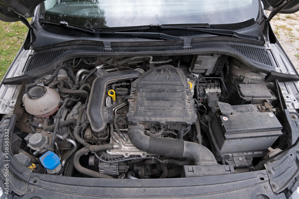 Fototapeta premium A passenger car engine mounted under the hood of the body.