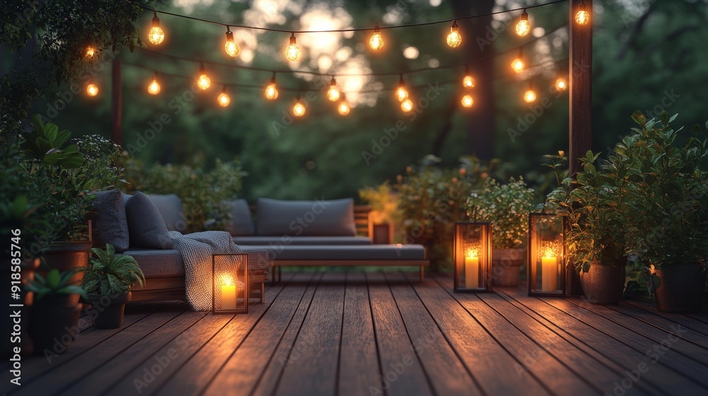 Cozy outdoor patio with string lights - generative ai Cozy outdoor patio with string lights - generative ai