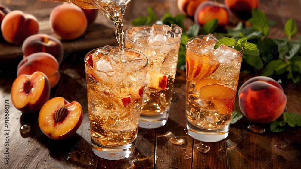 A wooden table, with two glasses of ice and peaches on it, and a cutting board containing sliced peaches A wooden table, with two glasses of ice and peaches on it, and a cutting board containing sliced peaches