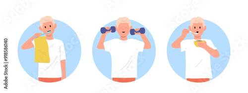 Boy child cartoon character daily morning routine, healthy lifestyle habits round composition set