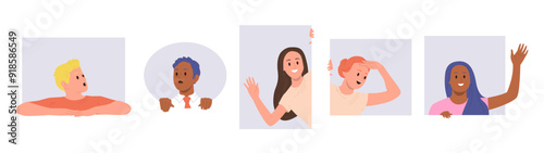 Diverse curious young people cartoon character peeking out feeling surprised, joyful and shocked set