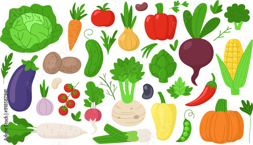 Cartoon vegetables collection. Vegetables and fresh herbs on a white background. Harvest of various vegetables - cabbage, eggplant, cucumber, tomato and others.