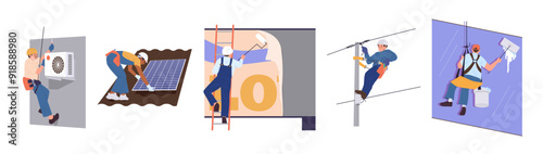 High-rise worker male cartoon characters hanging on harness engaged in different job occupation set