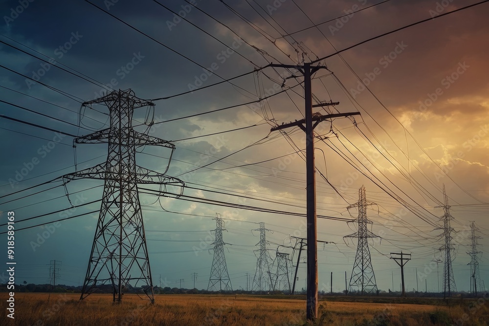 Fototapeta premium High Voltage Power Lines Against Sunset Sky