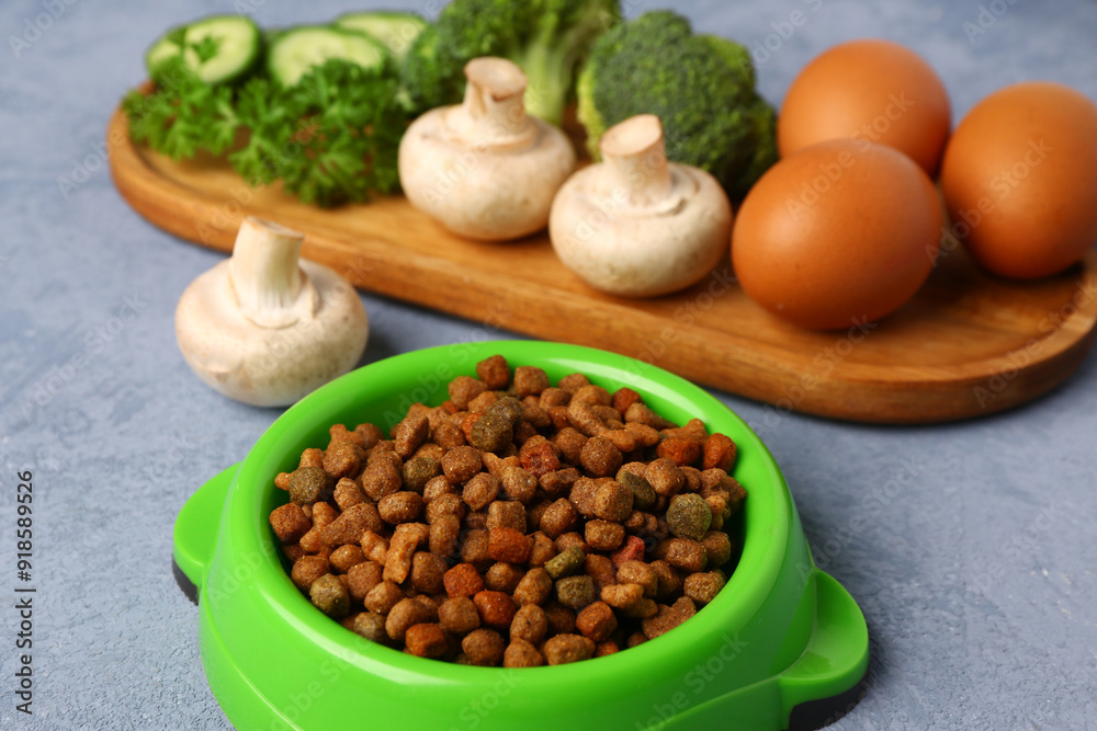 Bowl with dry pet food and natural products on color background, closeup Bowl with dry pet food and natural products on color background, closeup