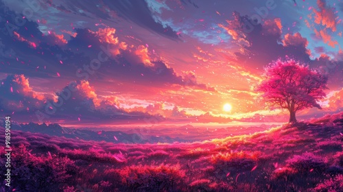 A vibrant sunset over a purple meadow with a solitary tree and colorful clouds in the sky