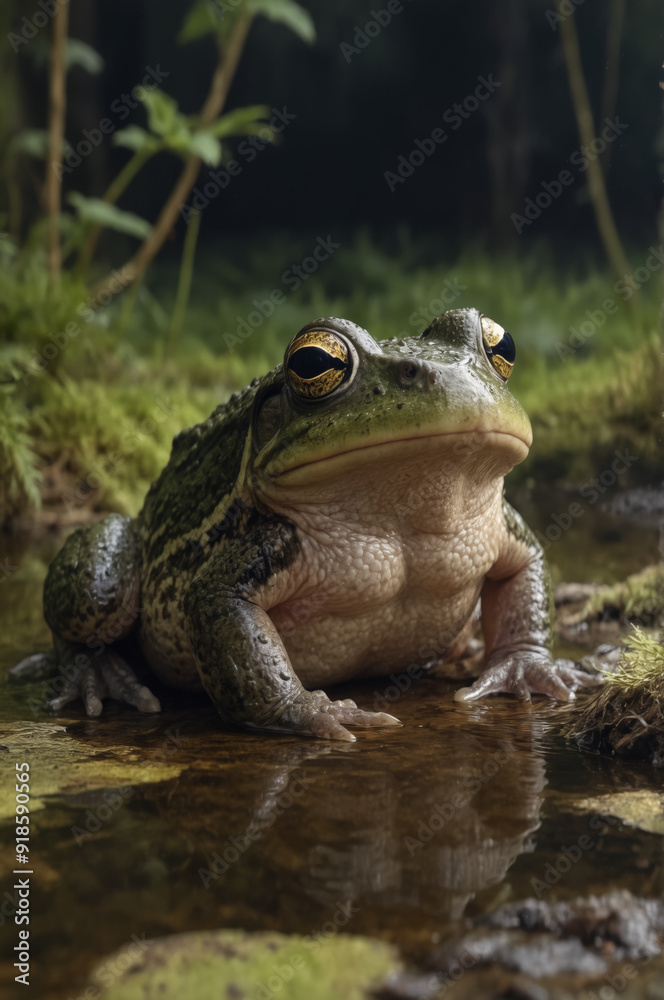 Close-Up of a Bullfrog in Natural Habitat Close-Up of a Bullfrog in Natural Habitat