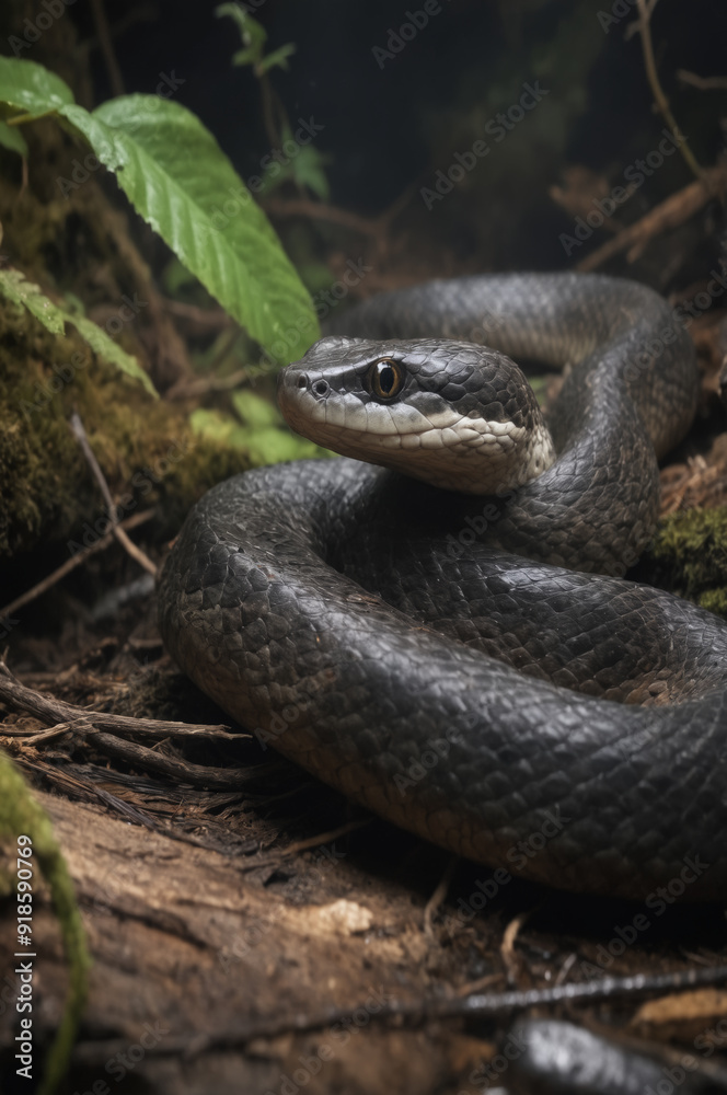Fototapeta premium Coiled Snake in Lush Forest Setting