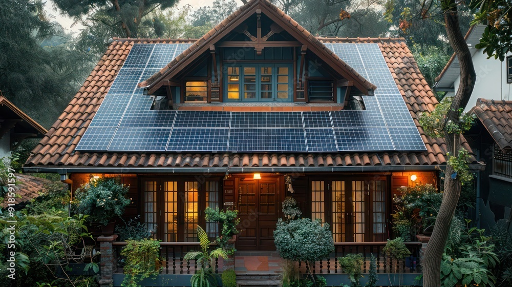 solar panels on roof, alternative energy saving lifestyle concept solar panels on roof, alternative energy saving lifestyle concept