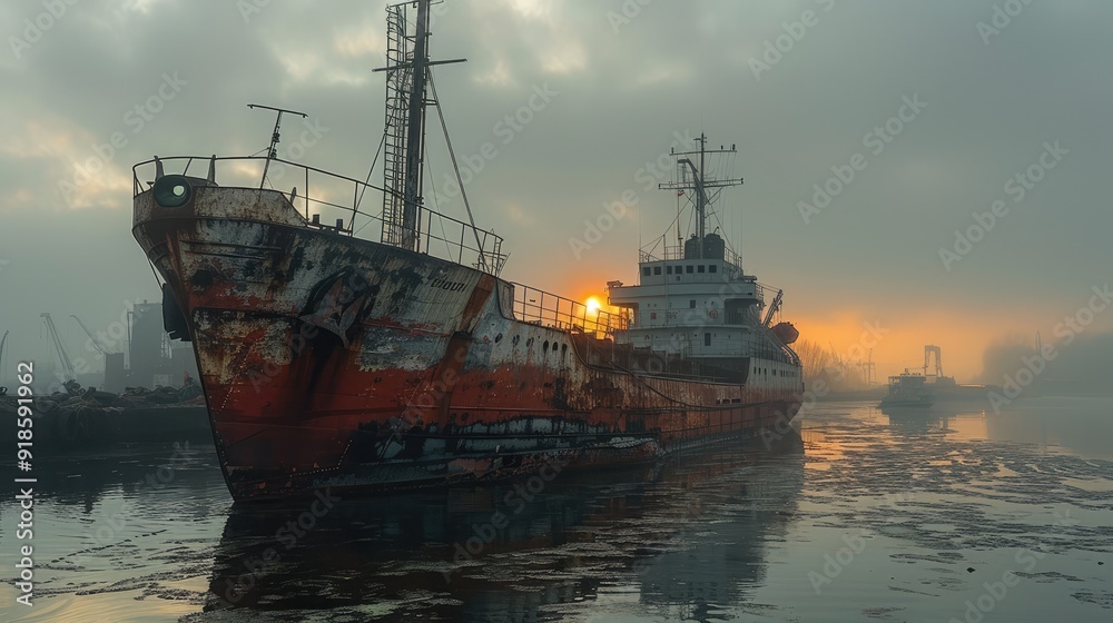 Cargo ship in the sea with fog at sunrise, Cargo ship in the sea with fog at sunrise,