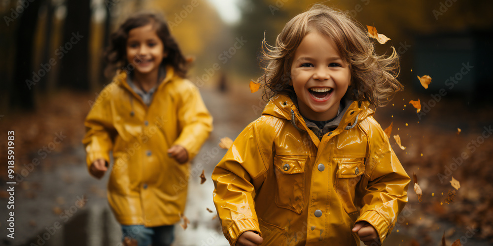 Two joyful children in yellow raincoats running and playing in a rainy autumn setting, surrounded by colorful fallen leaves Two joyful children in yellow raincoats running and playing in a rainy autumn setting, surrounded by colorful fallen leaves