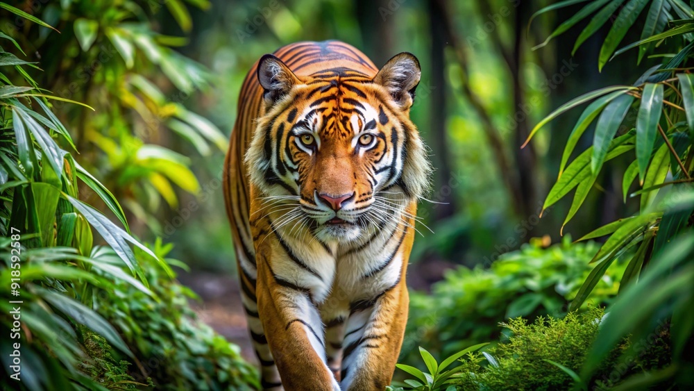 A majestic Bengal tiger stalks through a dense jungle its striped fur blending with the surrounding foliage.