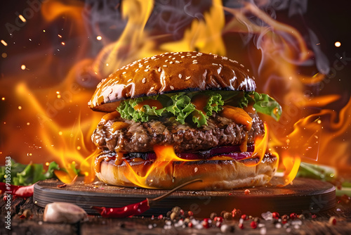 Flavourful smashed steak burger engulfed in flames, grilling, charred, delicious, barbecue, gourmet photo